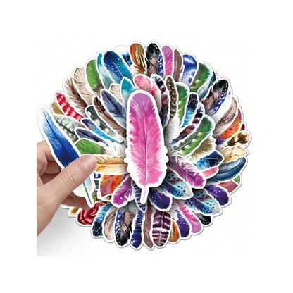 64PCS Cartoon Feather Pattern Doodle Stickers Exquisite and Stylish DIY Journal Decorative Decals Suitable for Suitcases, Desks, Laptops, and Stationery Cases