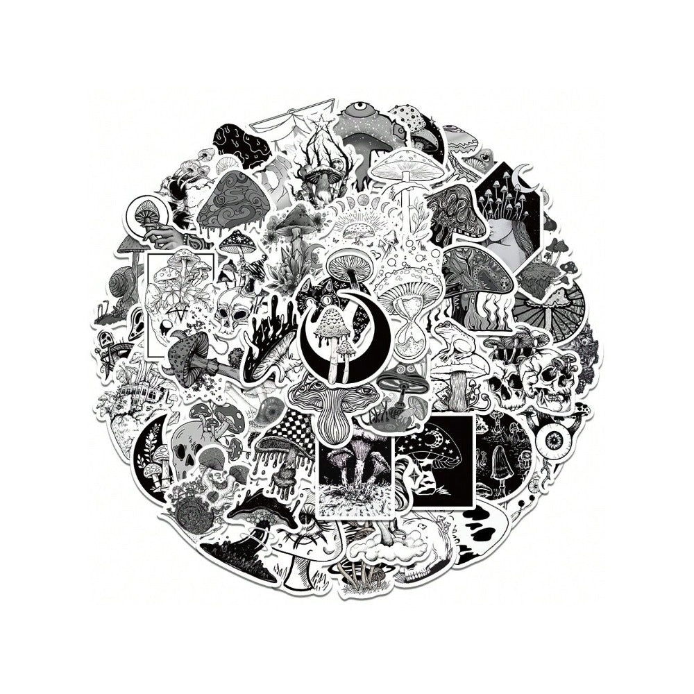 50PCS Gothic Horror Mushroom Series Graffiti Stickers Exquisite Fashion Punk Black & White Skull DIY Journal Decor Decals Suitable for Refrigerators, Helmets, Skateboards, Water Bottles, Stationery Boxes