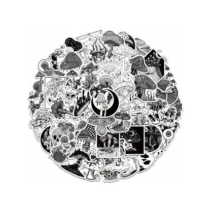 50PCS Gothic Horror Mushroom Series Graffiti Stickers Exquisite Fashion Punk Black & White Skull DIY Journal Decor Decals Suitable for Refrigerators, Helmets, Skateboards, Water Bottles, Stationery Boxes