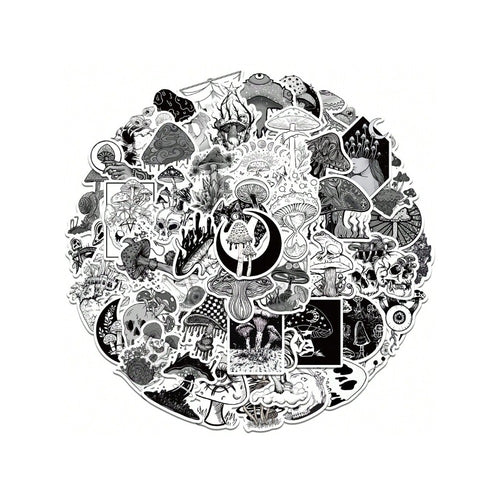 50PCS Gothic Horror Mushroom Series Graffiti Stickers Exquisite Fashion Punk Black & White Skull DIY Journal Decor Decals Suitable for Refrigerators, Helmets, Skateboards, Water Bottles, Stationery Boxes