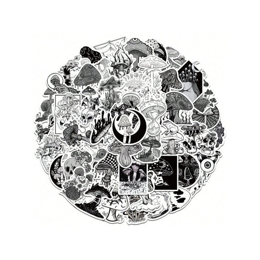 50PCS Gothic Horror Mushroom Series Graffiti Stickers Exquisite Fashion Punk Black & White Skull DIY Journal Decor Decals Suitable for Refrigerators, Helmets, Skateboards, Water Bottles, Stationery Boxes