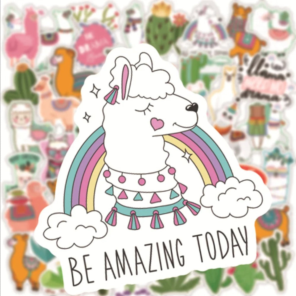 50PCS Cartoon Green Fresh Cute Alpaca Cactus Doodle Stickers Exquisite Fashion Creative DIY Journal Decorative Decals Suitable for Mugs, Helmets, Skateboards, Refrigerators, Stationery Boxes