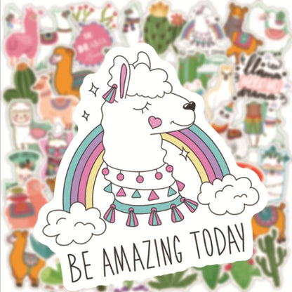 50PCS Cartoon Green Fresh Cute Alpaca Cactus Doodle Stickers Exquisite Fashion Creative DIY Journal Decorative Decals Suitable for Mugs, Helmets, Skateboards, Refrigerators, Stationery Boxes