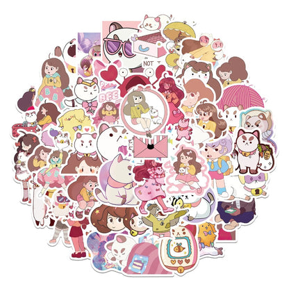 50PCS Cartoon Bee Girl and Dog Cat Doodle Stickers Exquisite and Stylish DIY Journal Decorative Decals Suitable for Phone Cases, Laptops, Luggage, Helmets, Guitars, and Stationery Boxes