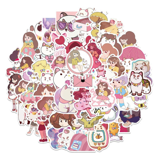 50PCS Cartoon Bee Girl and Dog Cat Doodle Stickers Exquisite and Stylish DIY Journal Decorative Decals Suitable for Phone Cases, Laptops, Luggage, Helmets, Guitars, and Stationery Boxes