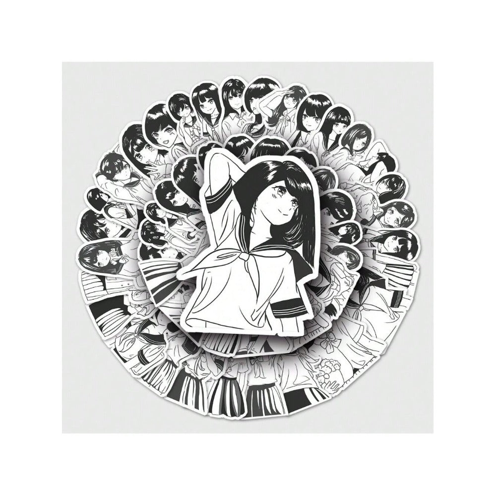 50PCS Black & White JK Uniform Cartoon Girl Doodle Stickers Exquisite DIY Creative Decorative Stickers for Notebooks Suitable for Cups, Suitcases, Refrigerators, Helmets, Guitars, and Stationery Boxes