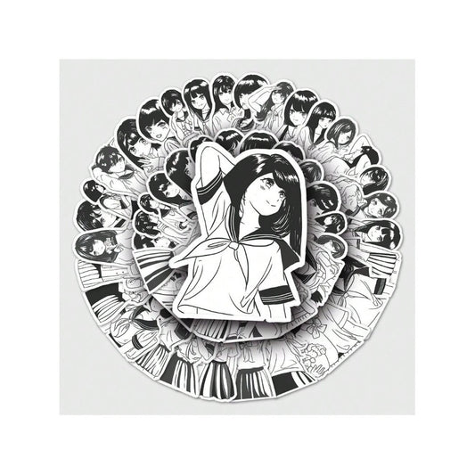 50PCS Black & White JK Uniform Cartoon Girl Doodle Stickers Exquisite DIY Creative Decorative Stickers for Notebooks Suitable for Cups, Suitcases, Refrigerators, Helmets, Guitars, and Stationery Boxes