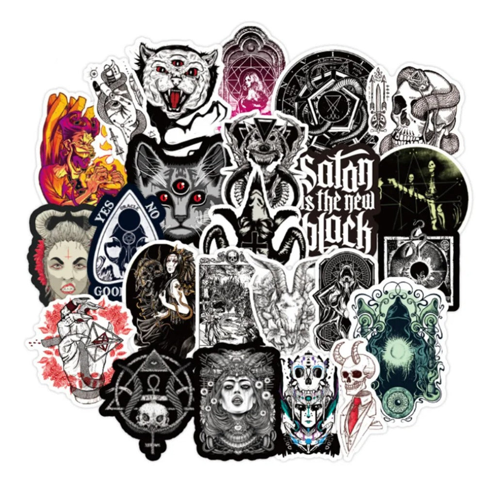 50PCS Gothic Horror Devil Skull Graffiti Stickers in Black and White Punk Style Suitable for Suitcases, Skateboards, Water Bottles, Guitars, and Stationery Boxes Decorative Decals
