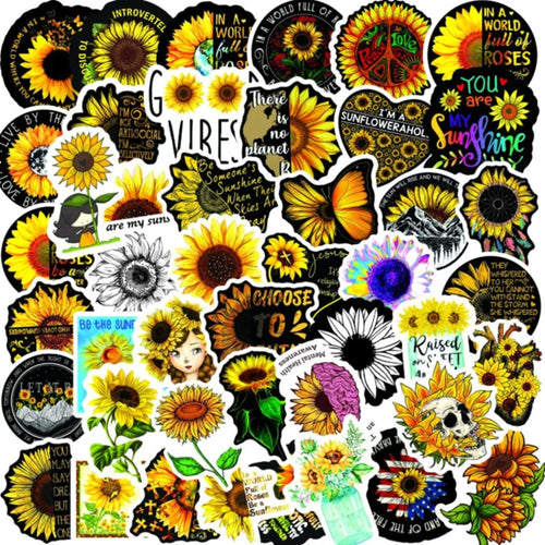 50PCS Cartoon Sunflower “You Are My Sunshine” Doodle Stickers Perfect for Suitcases, Water Bottles, Skateboards, Refrigerators, Stationery Boxes Exquisite DIY Desktop Decor Decals