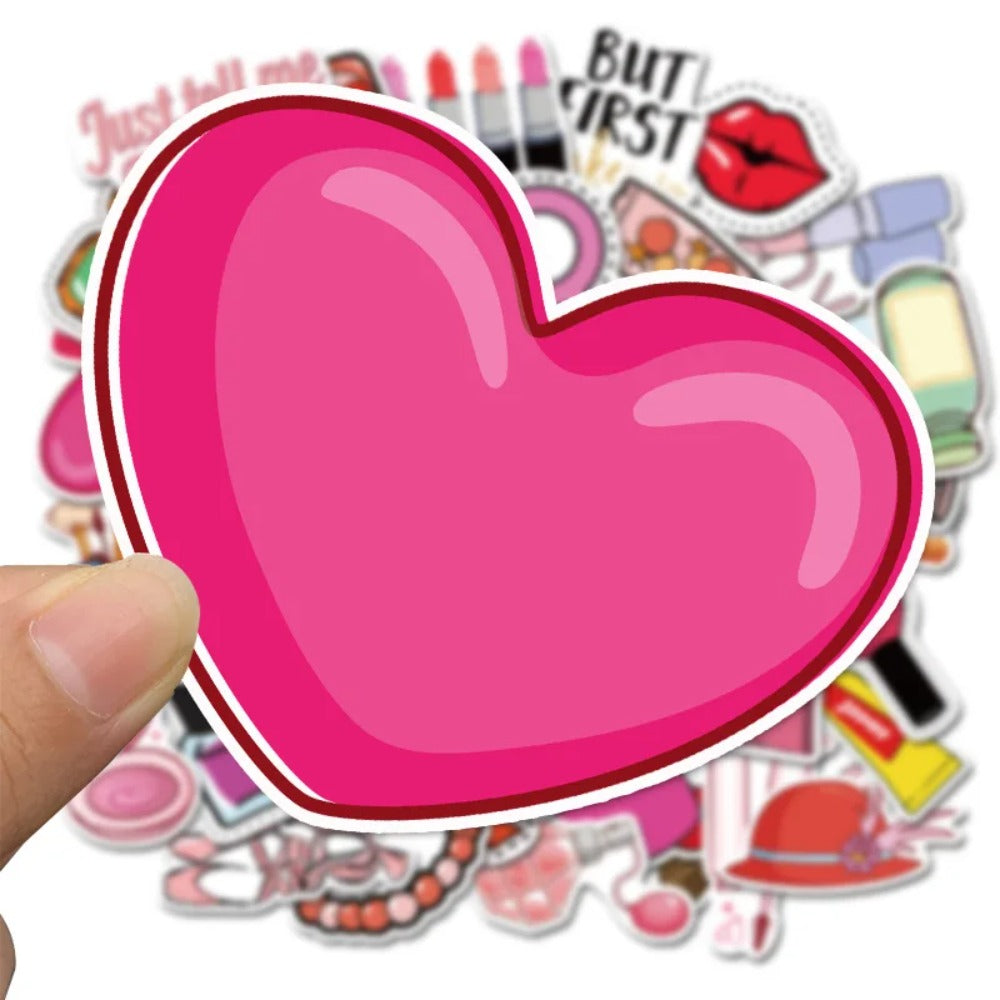 50PCS Cute Pink Cartoon Girl Cosmetics Series Doodle Stickers Perfect for Bags, Notebooks, Skateboards, Water Bottles, Helmets, Stationery Boxes Exquisite DIY Desktop Decorative Decals
