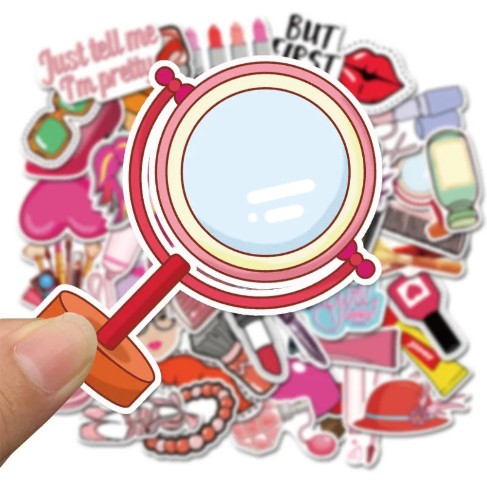 50PCS Cute Pink Cartoon Girl Cosmetics Series Doodle Stickers Perfect for Bags, Notebooks, Skateboards, Water Bottles, Helmets, Stationery Boxes Exquisite DIY Desktop Decorative Decals