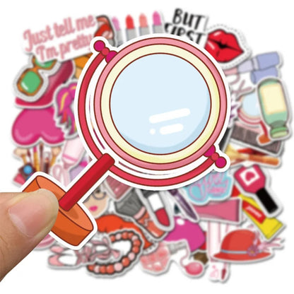 50PCS Cute Pink Cartoon Girl Cosmetics Series Doodle Stickers Perfect for Bags, Notebooks, Skateboards, Water Bottles, Helmets, Stationery Boxes Exquisite DIY Desktop Decorative Decals
