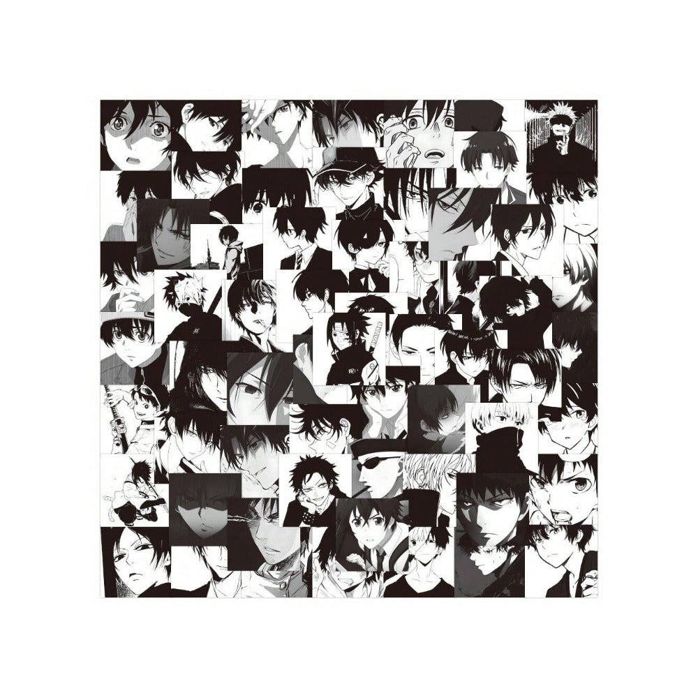 60PCS Anime Black & White Boy Avatar Series Doodle Stickers Exquisite, Fashionable, Creative DIY Journal Decorations Suitable for Luggage, Laptops, Skateboards, Phone Cases, and Stationery Boxes