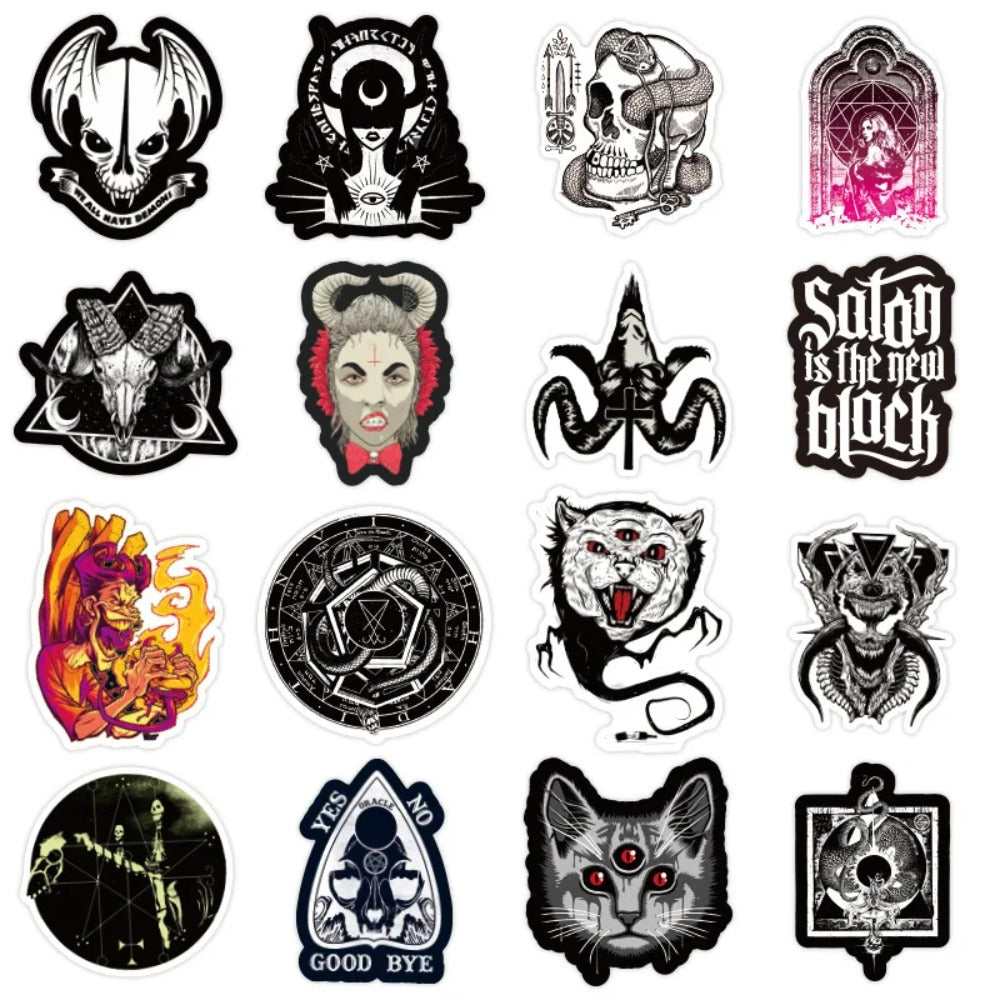 50PCS Gothic Horror Devil Skull Graffiti Stickers in Black and White Punk Style Suitable for Suitcases, Skateboards, Water Bottles, Guitars, and Stationery Boxes Decorative Decals