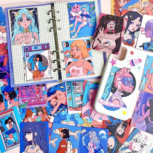 36PCS Retro Japanese Cartoon Stickers, Kawaii Vintage Doodles for Planners, Stationery, and Journaling