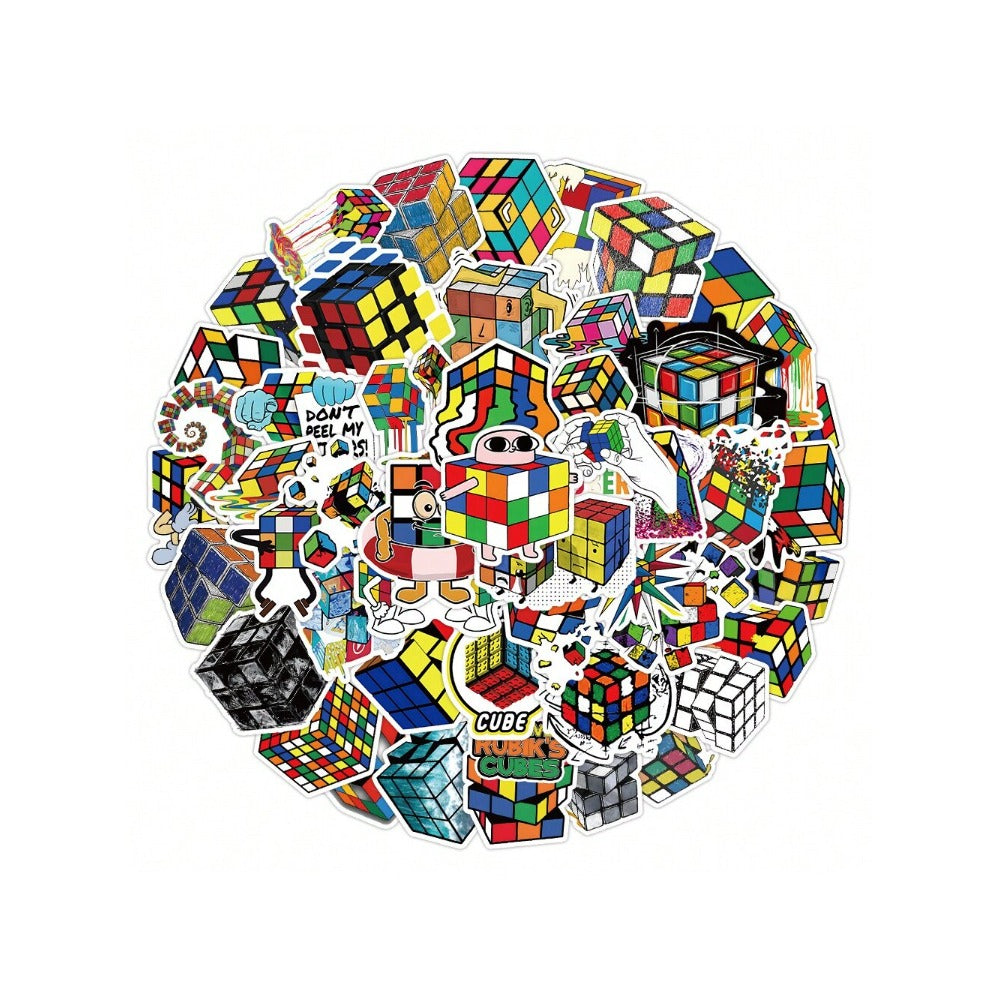 50PCS Cartoon Art Rubik's Cube Doodle Stickers Exquisite, Fashionable, Creative DIY Journal Decorative Decals Suitable for Skateboard Helmets, Guitars, Refrigerators, Stationery Boxes
