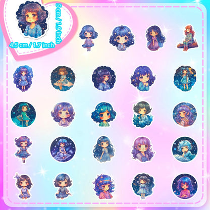 50PCS Cartoon Cute Starry Sky Girl Doodle Stickers Exquisite Fashion Creative DIY Journal Decorative Decals Suitable for Skateboards, Guitars, Laptops, Helmets, and Stationery Boxes