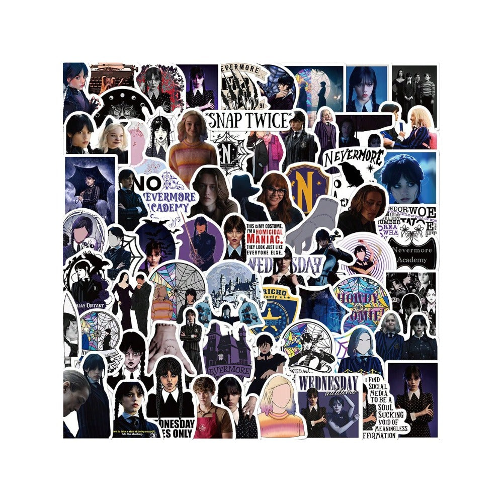 50PCS Wednesday Doodle Stickers - Stylish Creative DIY Decals for Guitars, Skateboards, Refrigerators, Bags, Helmets, Stationery Boxes, and Desktop Decor
