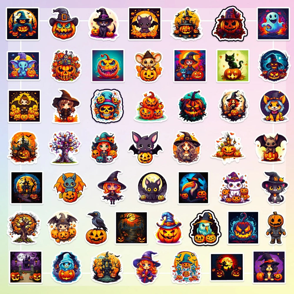 50PCS Cartoon Halloween Trick-or-Treat Pumpkin Doodle Stickers Exquisite, Stylish, Creative DIY Holiday Journal Decorations Suitable for Skateboards, Guitars, Laptops, Helmets, and Stationery Boxes