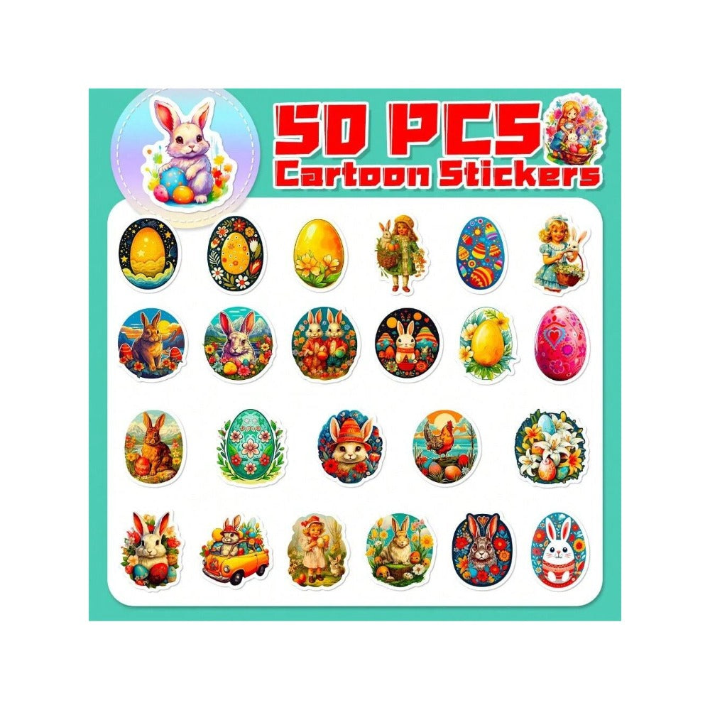 50PCS Cartoon Easter Bunny Doodle Stickers Exquisite Creative DIY Decorative Decals Suitable for Laptops, Guitars, Skateboards, Helmets, Desktops, and Stationery Boxes
