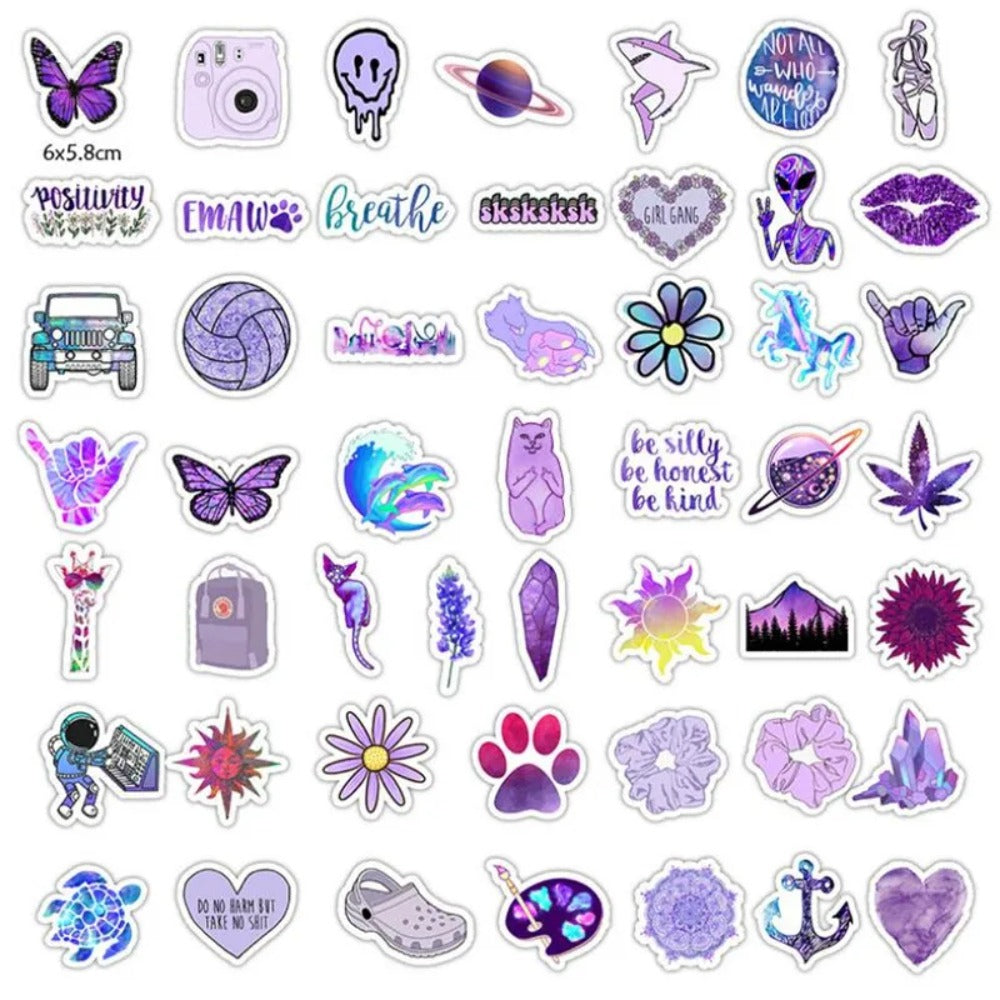 50PCS Cartoon Purple Fresh & Chic Doodle Stickers Exquisite, Fashionable, Creative DIY Journal Decorations Suitable for Water Bottles, Helmets, Skateboards, Guitars, and Stationery Boxes
