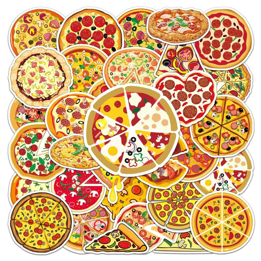 50PCS Pizza Food Doodle Stickers, Cute Cartoon Slice Vinyl Decals for Foodies, Laptops, Lunch Boxes