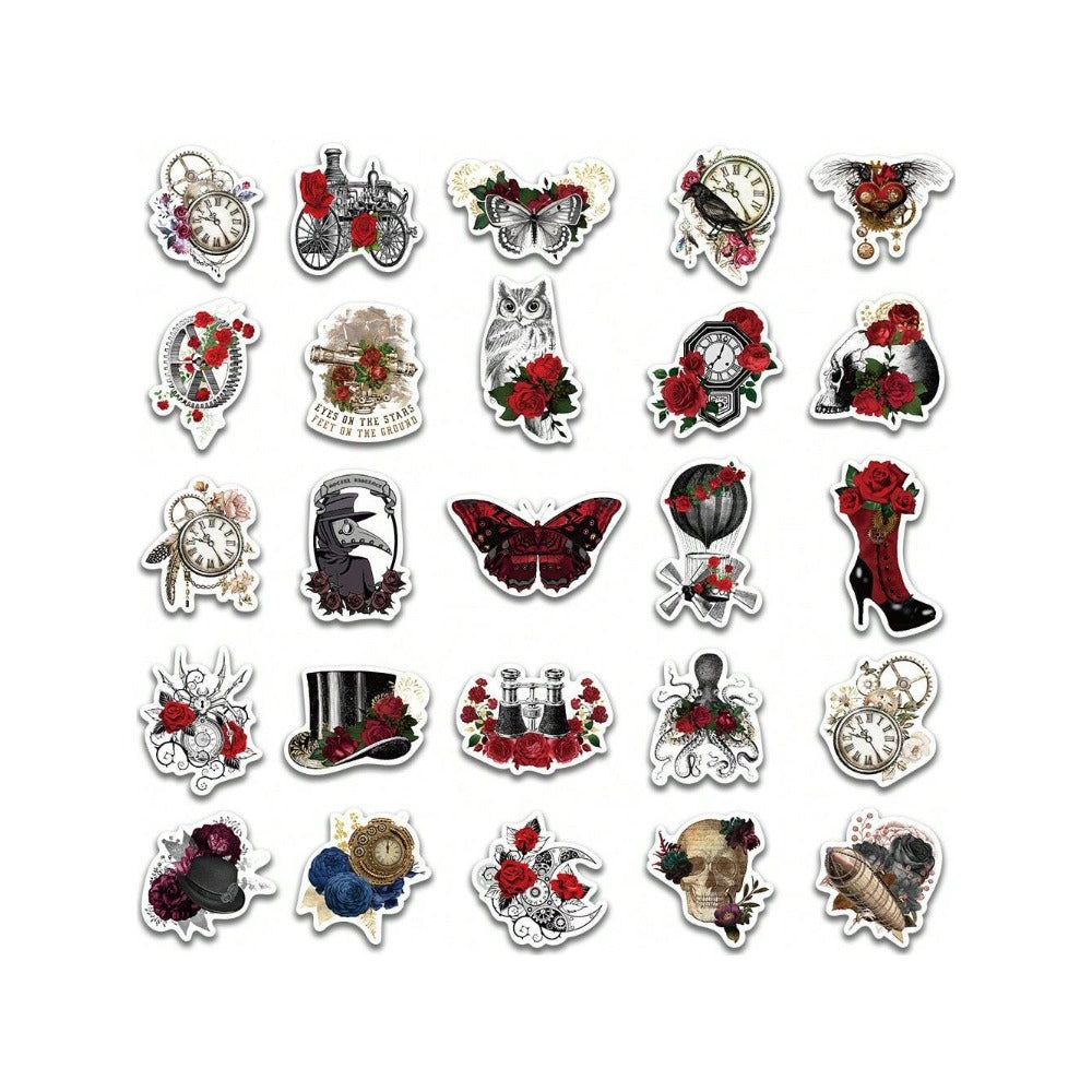 50PCS Steampunk Style Cartoon Deep Rose Graffiti Stickers Exquisite Fashion Creative DIY Decorative Sticker Decals Suitable for Notebooks, Helmets, Guitars, Skateboards, Stationery Boxes, and Desktops