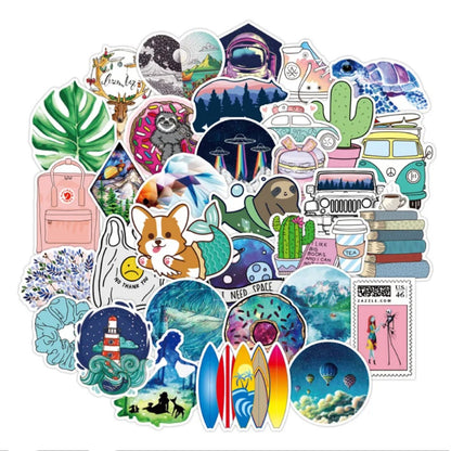 50PCS Summer Fresh Diverse Graffiti Stickers - Exquisite Fashionable Creative DIY Journal Decor Decals for Water Bottles, Helmets, Skateboards, and Stationery Cases