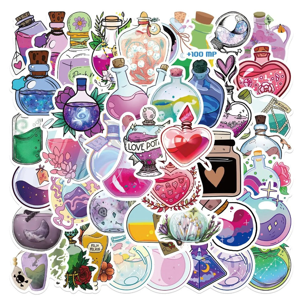 50PCS Cartoon Magic Potion Bottle Doodle Stickers Exquisite and Stylish DIY Journal Decorative Decals Suitable for Phone Cases, Laptops, Luggage, Helmets, Guitars, and Stationery Boxes