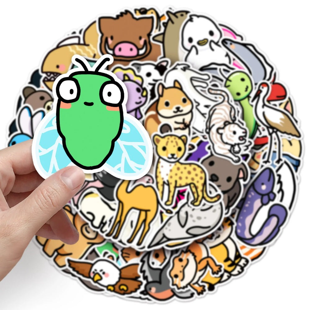50PCS Cute Animal Doodle Stickers, Cartoon Kawaii Vinyl Decals for Laptop, Journal, Water Bottle, Gift