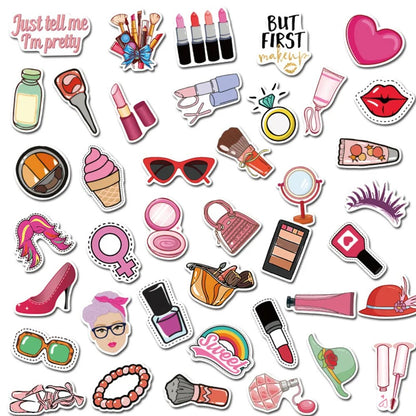 50PCS Cute Pink Cartoon Girl Cosmetics Series Doodle Stickers Perfect for Bags, Notebooks, Skateboards, Water Bottles, Helmets, Stationery Boxes Exquisite DIY Desktop Decorative Decals