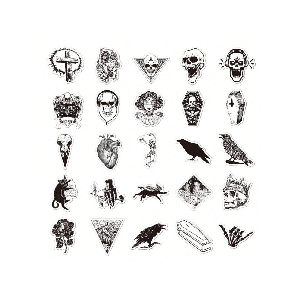 50PCS Gothic Black & White Graffiti Stickers - Exquisite, Fashionable, Creative DIY Journal Decor Decals for Cups, Helmets, Skateboards, and Stationery Cases