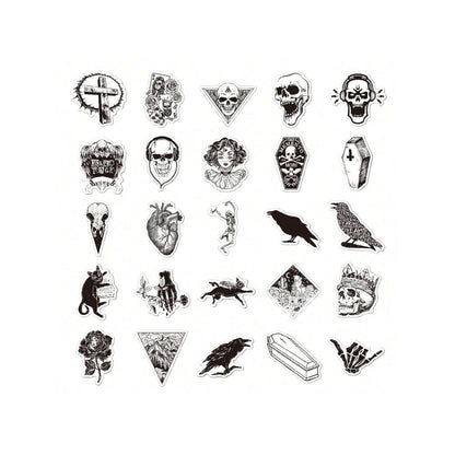 50PCS Gothic Black & White Graffiti Stickers - Exquisite, Fashionable, Creative DIY Journal Decor Decals for Cups, Helmets, Skateboards, and Stationery Cases