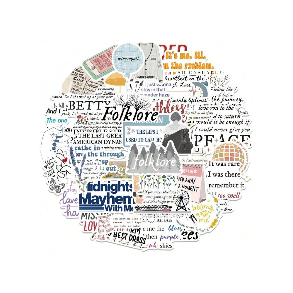 52PCS Taylor Swift Album Lyrics Graffiti Stickers Exquisite and Stylish DIY Decorative Decals Suitable for Helmets, Skateboards, Guitars, Refrigerators, Stationery Boxes, and Desktops