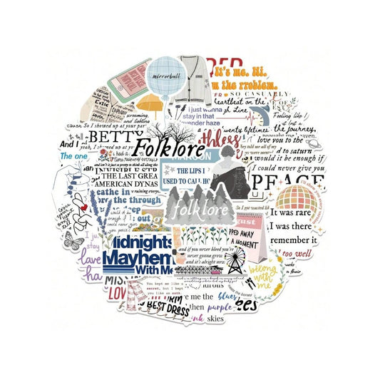 52PCS Taylor Swift Album Lyrics Graffiti Stickers Exquisite and Stylish DIY Decorative Decals Suitable for Helmets, Skateboards, Guitars, Refrigerators, Stationery Boxes, and Desktops
