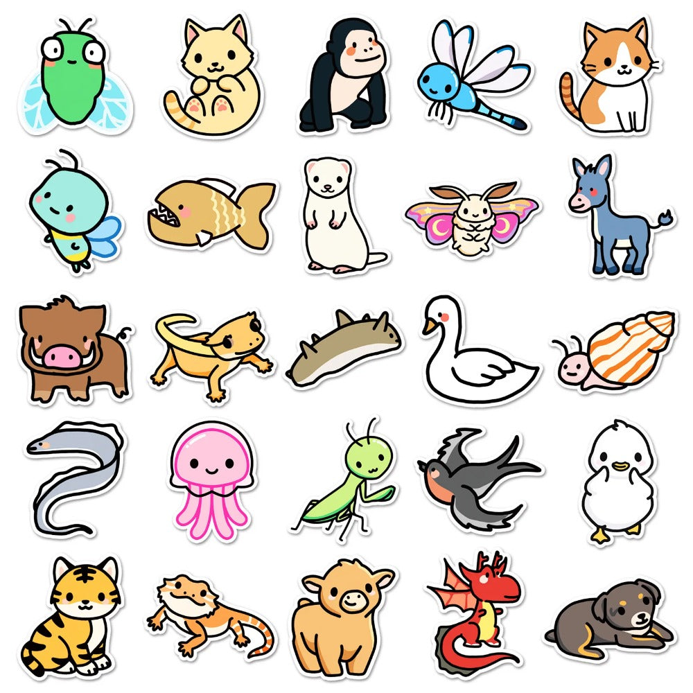 50PCS Cute Animal Doodle Stickers, Cartoon Kawaii Vinyl Decals for Laptop, Journal, Water Bottle, Gift