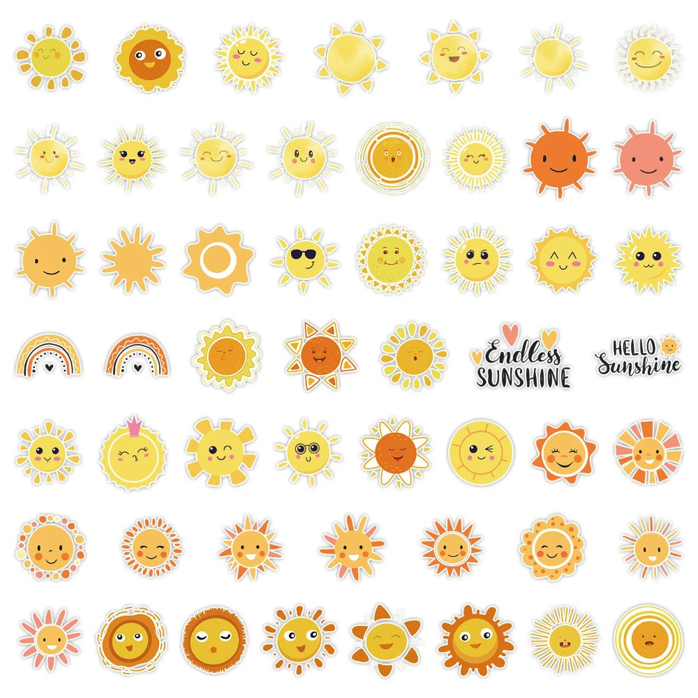 50PCS Cartoon Cute Sun Doodle Stickers Exquisite Fashion Creative DIY Journal Decorative Decals Suitable for Skateboards, Guitars, Laptops, Water Bottles, and Stationery Cases
