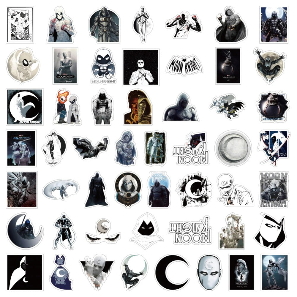 50PCS Moon Knight Anime-Inspired Stickers - Lunar Vigilante Doodle Decals for Dissociative Identity Journals, Nocturnal Justice Logs & Crescent Mythology Projects