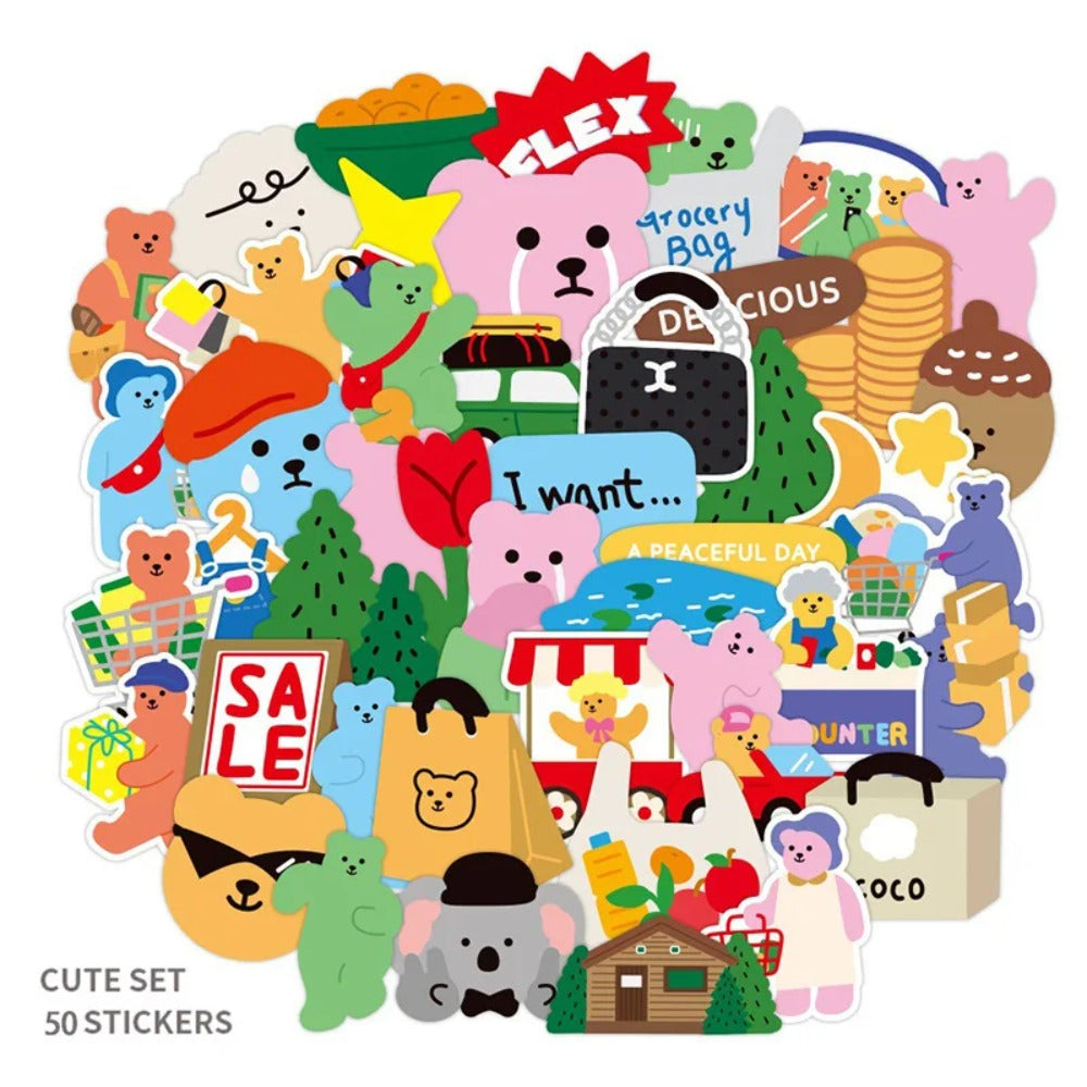 50PCS Korean Bear Cartoon Doodle Stickers for Laptops, Suitcases, Skateboards, Guitars, Helmets, Stationery Boxes, and Desktops