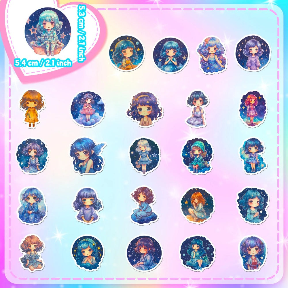 50PCS Cartoon Cute Starry Sky Girl Doodle Stickers Exquisite Fashion Creative DIY Journal Decorative Decals Suitable for Skateboards, Guitars, Laptops, Helmets, and Stationery Boxes