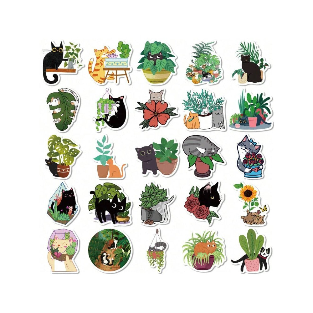 50PCS Cute Cartoon Cat and Plant Doodle Stickers Exquisite, Fashionable, Creative DIY Journal Decorations Suitable for Luggage, Laptops, Skateboards, Guitars, Diaries, Helmets, and Stationery Boxes