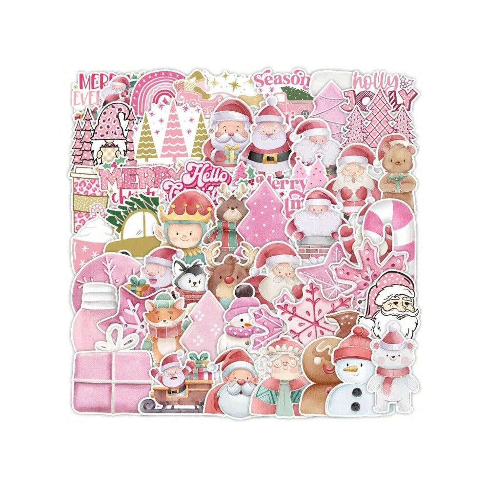 50PCS Cartoon Trendy Pink Christmas Doodle Stickers Exquisite Creative DIY Journal Decorative Decals Suitable for Skateboards, Guitars, Laptops, and Stationery Boxes