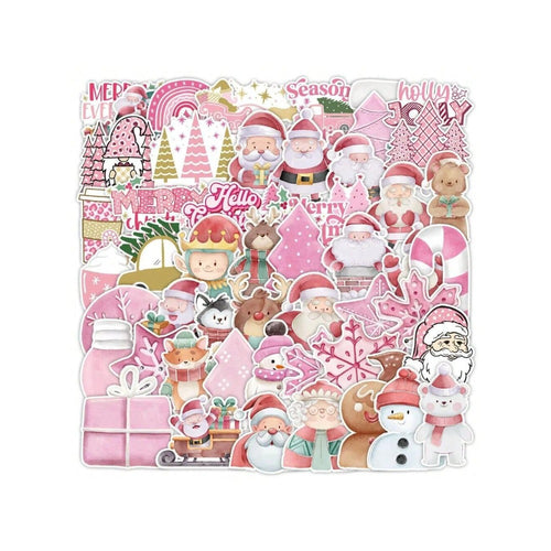 50PCS Cartoon Trendy Pink Christmas Doodle Stickers Exquisite Creative DIY Journal Decorative Decals Suitable for Skateboards, Guitars, Laptops, and Stationery Boxes