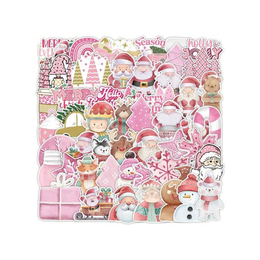 50PCS Cartoon Trendy Pink Christmas Doodle Stickers Exquisite Creative DIY Journal Decorative Decals Suitable for Skateboards, Guitars, Laptops, and Stationery Boxes