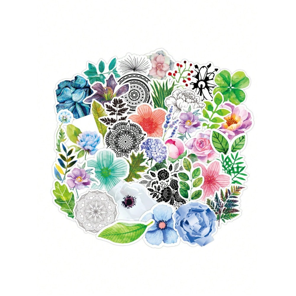 50-Piece Cartoon Fresh & Beautiful Floral Doodle Stickers Exquisite, Fashionable & Creative DIY Decorative Stickers for Notebooks Suitable for Cups, Helmets, Skateboards, Stationery Boxes & More