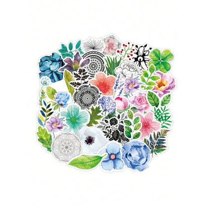 50-Piece Cartoon Fresh & Beautiful Floral Doodle Stickers Exquisite, Fashionable & Creative DIY Decorative Stickers for Notebooks Suitable for Cups, Helmets, Skateboards, Stationery Boxes & More