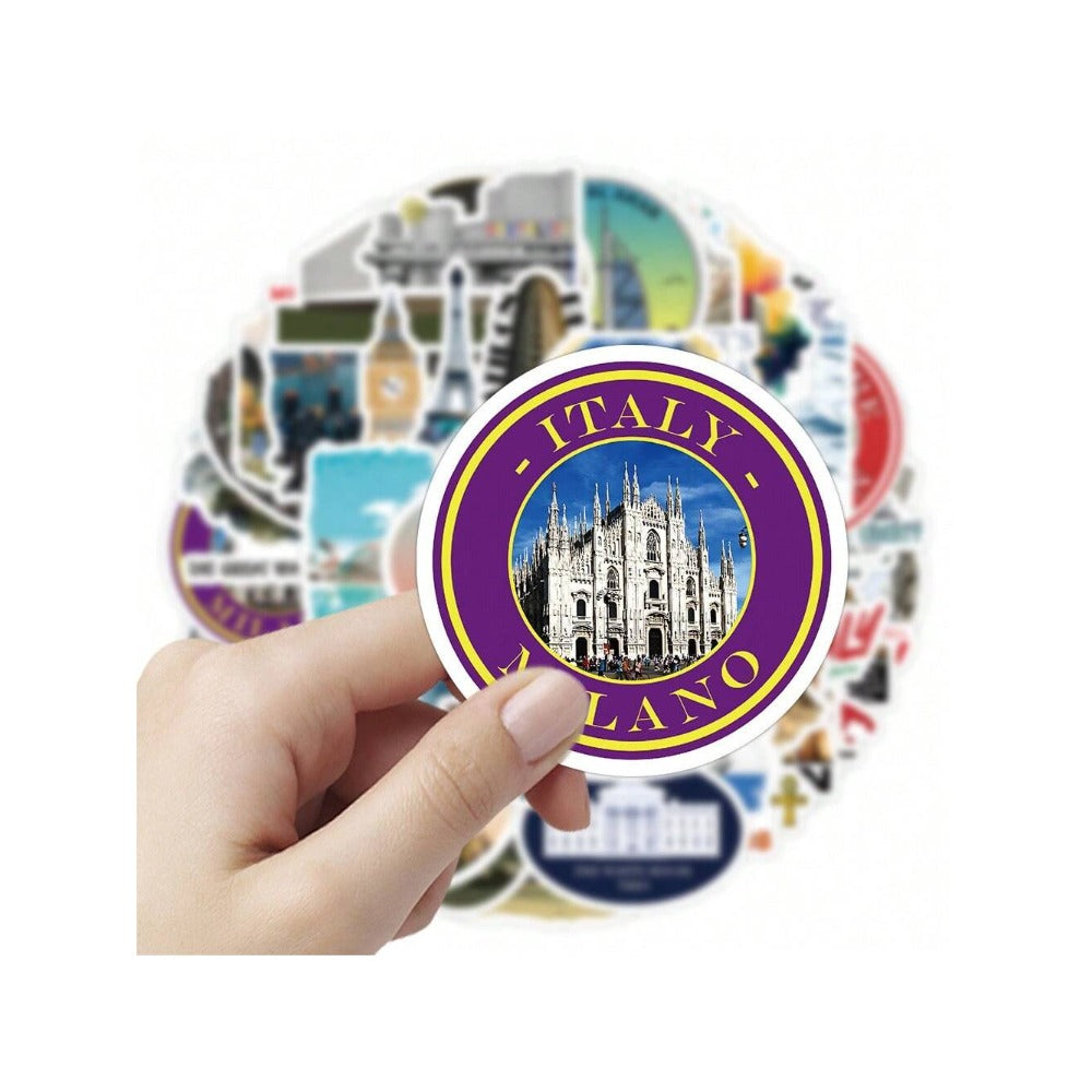 50PCS Cartoon World Famous Buildings Graffiti Stickers Exquisite Creative DIY Journal Decorative Decals Suitable for Notebooks, Refrigerators, Suitcases, Helmets, and Stationery Boxes