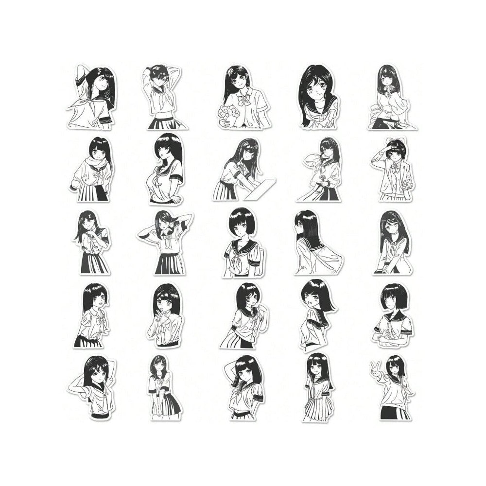 50PCS Black & White JK Uniform Cartoon Girl Doodle Stickers Exquisite DIY Creative Decorative Stickers for Notebooks Suitable for Cups, Suitcases, Refrigerators, Helmets, Guitars, and Stationery Boxes