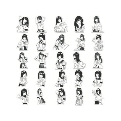 50PCS Black & White JK Uniform Cartoon Girl Doodle Stickers Exquisite DIY Creative Decorative Stickers for Notebooks Suitable for Cups, Suitcases, Refrigerators, Helmets, Guitars, and Stationery Boxes