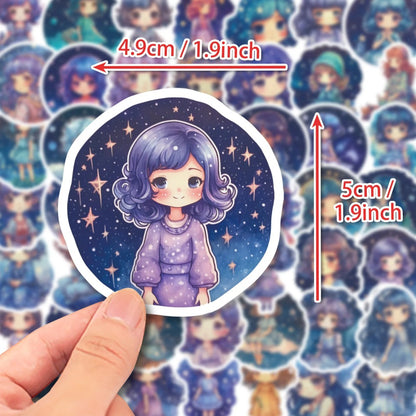 50PCS Cartoon Cute Starry Sky Girl Doodle Stickers Exquisite Fashion Creative DIY Journal Decorative Decals Suitable for Skateboards, Guitars, Laptops, Helmets, and Stationery Boxes